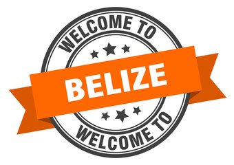 Belize stamp. welcome to Belize orange sign