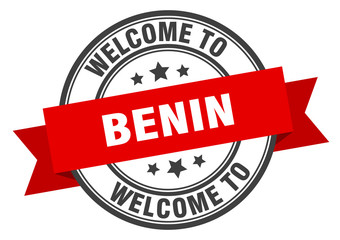 Benin stamp. welcome to Benin red sign
