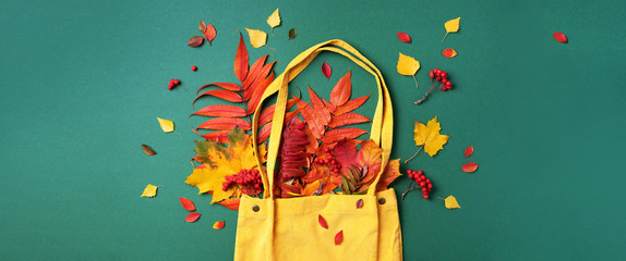 Autumn flat lay composition. Dry maple autumn leaves in yellow shopping bag on green background. Top view. Copy space. Flat lay.
