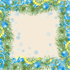 Watercolor, hand-painted, Christmas square frame, green cedar branches decorated with blue balls, garlands, white snowflakes. Design for happy New year greetings.