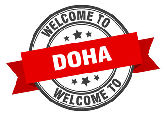 Doha stamp. welcome to Doha red sign