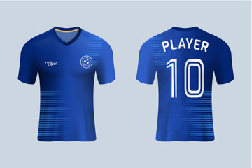 3D realistic mock up of front and back of blue soccer jersey t-shirt . Concept for football team uniform or apparel mockup template in design vector illustration