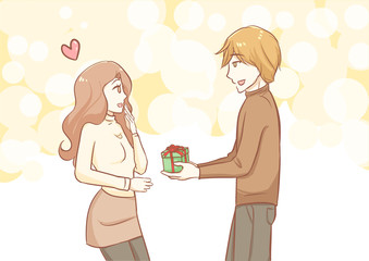 Couple in love man give a gift to woman in sweet pastel free hand line drawing vector illustration in concepts cute kawaii anime cartoon style christmas and valentine in love