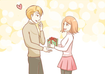 Couple in love woman give a gift to man in sweet pastel free hand line drawing vector illustration in concepts cute kawaii anime cartoon style christmas and valentine in love