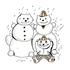 cat dazzled snowmen and resting black and white graphic illustration for children and holiday