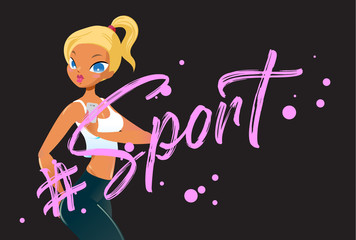 Summer poster design with calligraphy text. Cartoon style blonde girl makes selfie on her mobile phone. Vector illustration.