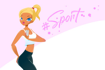 Summer poster design with calligraphy text. Cartoon style blonde girl makes selfie on her mobile phone. Vector illustration.
