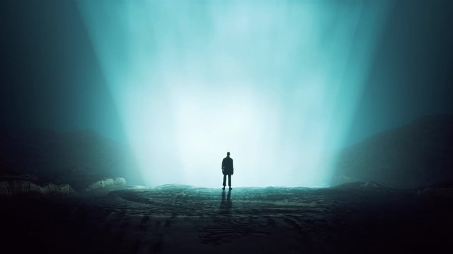 Silhouette Man Standing on the Bright Supernatural Place, Miraculous Gateway edge. 3d seamless render. Psychological Concept. Stress, unhappy, sadness, negative symbol mood conceptual. Prores 10Bit.
