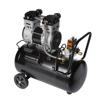 New Black air compressor isolated on a white background. Shooting for the catalog