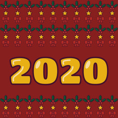 2020 new year greeting on ugly sweater background. Holly, stars, bows on red