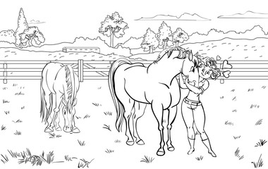 Cartoon style girl with horse.