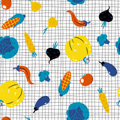 Fototapeta premium Trendy Vegetable Pattern on checkered background. Colorful seamless vector pattern in hand-drawn cartoon scandinavian style. Ideal for printing onto fabric, textile, packaging.