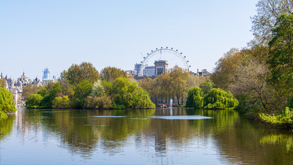 St James's Park Lake London UK, The Blue Bridge - view to Horse Guards Parade and the London Eye