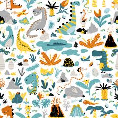 Cute seamless pattern with a variety of dinosaurs, birds, snakes, insects in the jungle, tropics, volcanoes, palm trees, clouds, eggs. Baby vector illustration in scandinavian style