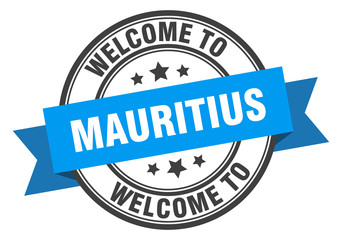 Mauritius stamp. welcome to Mauritius blue sign