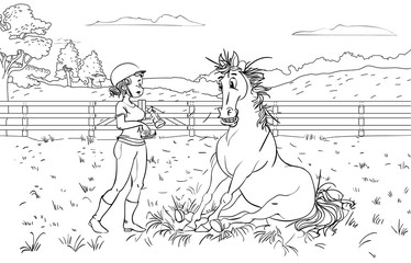 Cartoon style girl with horse.