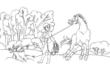 Cartoon style girl with horse in forest.