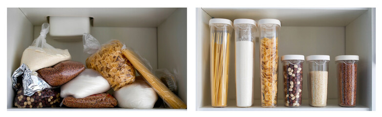 Unorganized storage of cereals in the kitchen cabinet. Macaroni, sugar, buckwheat, corn balls in sack bags.