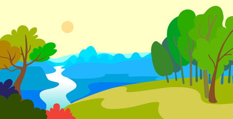 Fototapeta na wymiar Cartoon style landscape with forest, river and mountains.