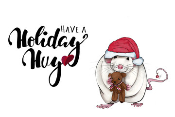 Christmas and New Year holiday mouse in santa hat and writing. Xmas greeting card. Christmas card on white background