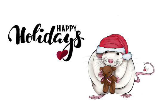 Christmas and New Year holiday mouse and writing. Xmas greeting card. Christmas card on white background