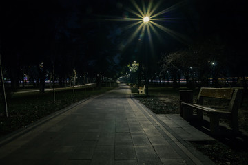 The road in the park the night with lanterns. Benches in the park during the autumn season at night