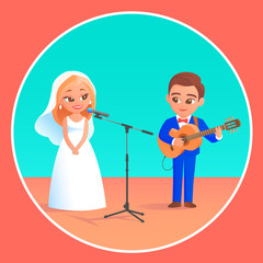 A newlywed couple give a music concert. Beautiful blonde bride in a wedding dress sings into a microphone. The groom in a tuxedo plays the guitar. Vector cartoon funny illustration.