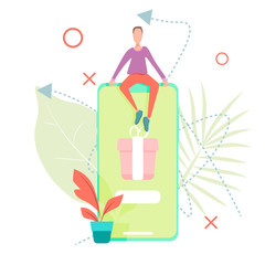 Christmas and New Year presents gifts in a mobile application. Happy people