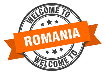 Romania stamp. welcome to Romania orange sign