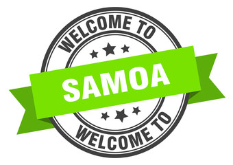 Samoa stamp. welcome to Samoa green sign