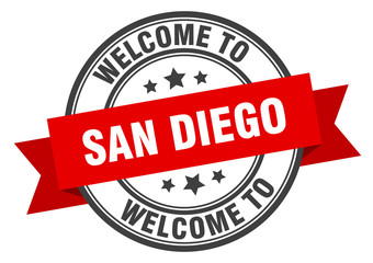 San Diego stamp. welcome to San Diego red sign