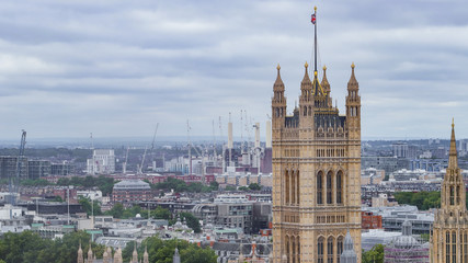 Aerial footage of London’s landmarks. Houses of parliament.  Palace of Westminster. England. United Kingdom