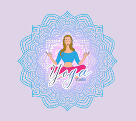 Poster with yoga girl in cartoon style. Use it for web or print advertisement creating. Vector illustration.