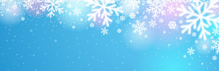 Obraz na płótnie Canvas Blue christmas banner with white blurred snowflakes. Merry Christmas and Happy New Year greeting banner. Horizontal new year background, headers, posters, cards, website. Vector illustration