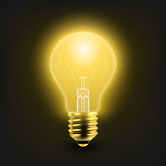 Vector 3d Realistic Turning On Light Bulb Icon Closeup Isolated on White Background. Glowing Incandescent Filament Lamps. Creativity Idea, Business Innovation Concept