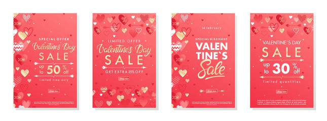 Fototapeta na wymiar Bundle of Valentines Day special offer banners with hearts and golden foil elements.Sale templates perfect for prints, flyers, banners, promotions, special offers and more.Vector Valentines promos.