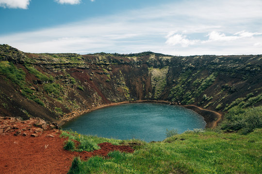 Amazing landscape of turquoise lake on bottom of mountain in Iceland