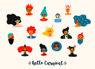 Vector set of funny male and female faces in bright masks and costumes.