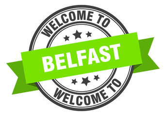 Belfast stamp. welcome to Belfast green sign