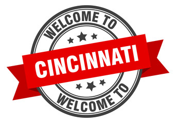 Cincinnati stamp. welcome to Cincinnati red sign