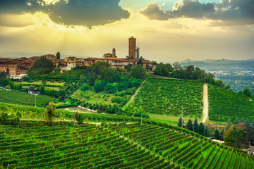 Fototapeta na wymiar Langhe panorama, Barbaresco village and vineyards view at sunset, Piedmont, Italy Europe.