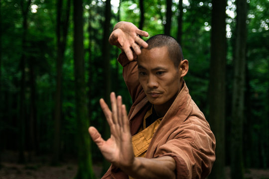 Asian guy in brown uniform gesticulating while doing martial arts exercise during workout in green forest