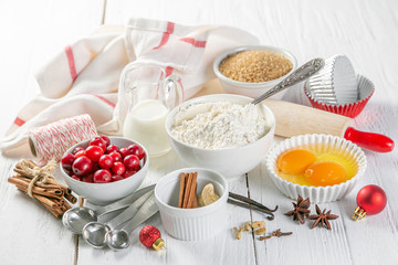 Christmas baking concept - ingredients and decorations, copy space