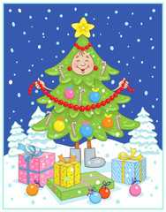 Merry Christmas! Decorated Christmas tree with gold star, glass balls, beads and gift boxes on the night winter glade. In cartoon style. Isolated on white background. Vector illustration.