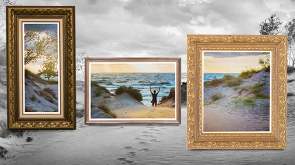 Three paintings in decorative frames in one landscape.