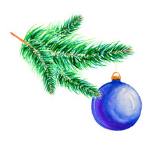 Christmas Ball hanging on a Fir Tree Branch. Christmas Background.