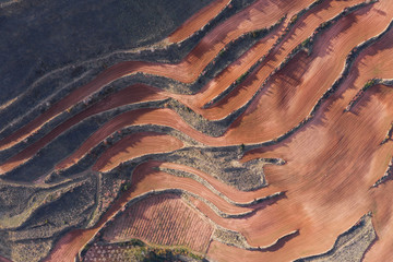 Aerial view of terraces landscape during the dry season in Islallana, La rioja, Spain