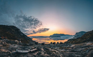 Panoramic image of Camp Eqi at Eqip Sermia Glacier in Greenland. nature landscape with lodge...