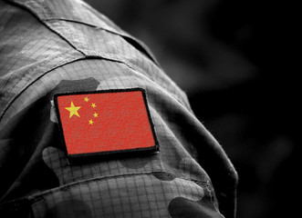 Flag of China on military uniform. Army, troops, soldiers. Collage.