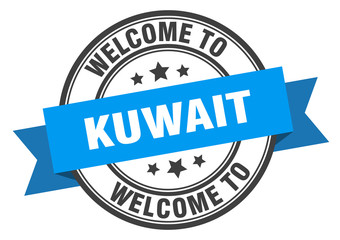 Kuwait stamp. welcome to Kuwait blue sign